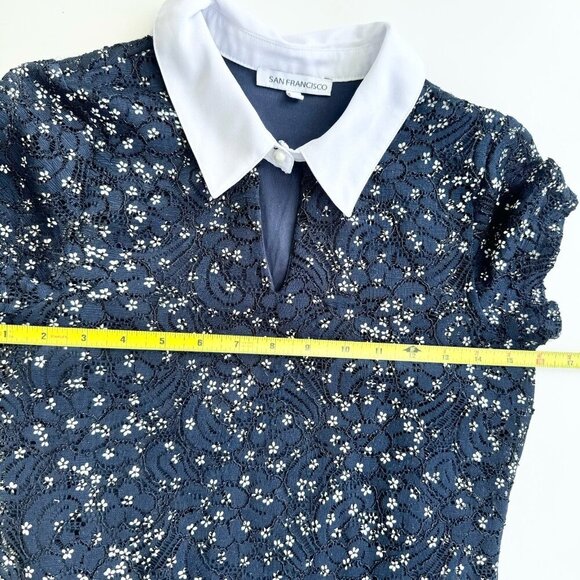 Floral Lace Dress Schoolgirl Dark Academia Navy And White Full Lined XS Stretchy - Picture 10 of 13